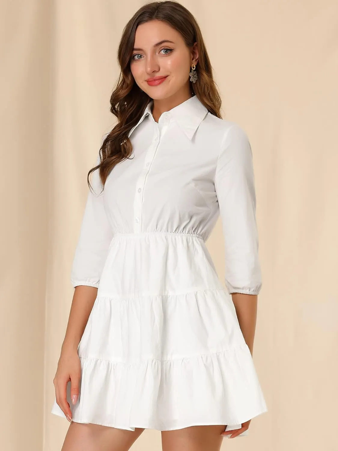 Allegra K Women's 3/4 Sleeve Casual Fall Elastic Waist Cute Collared Tiered Mini Dress
