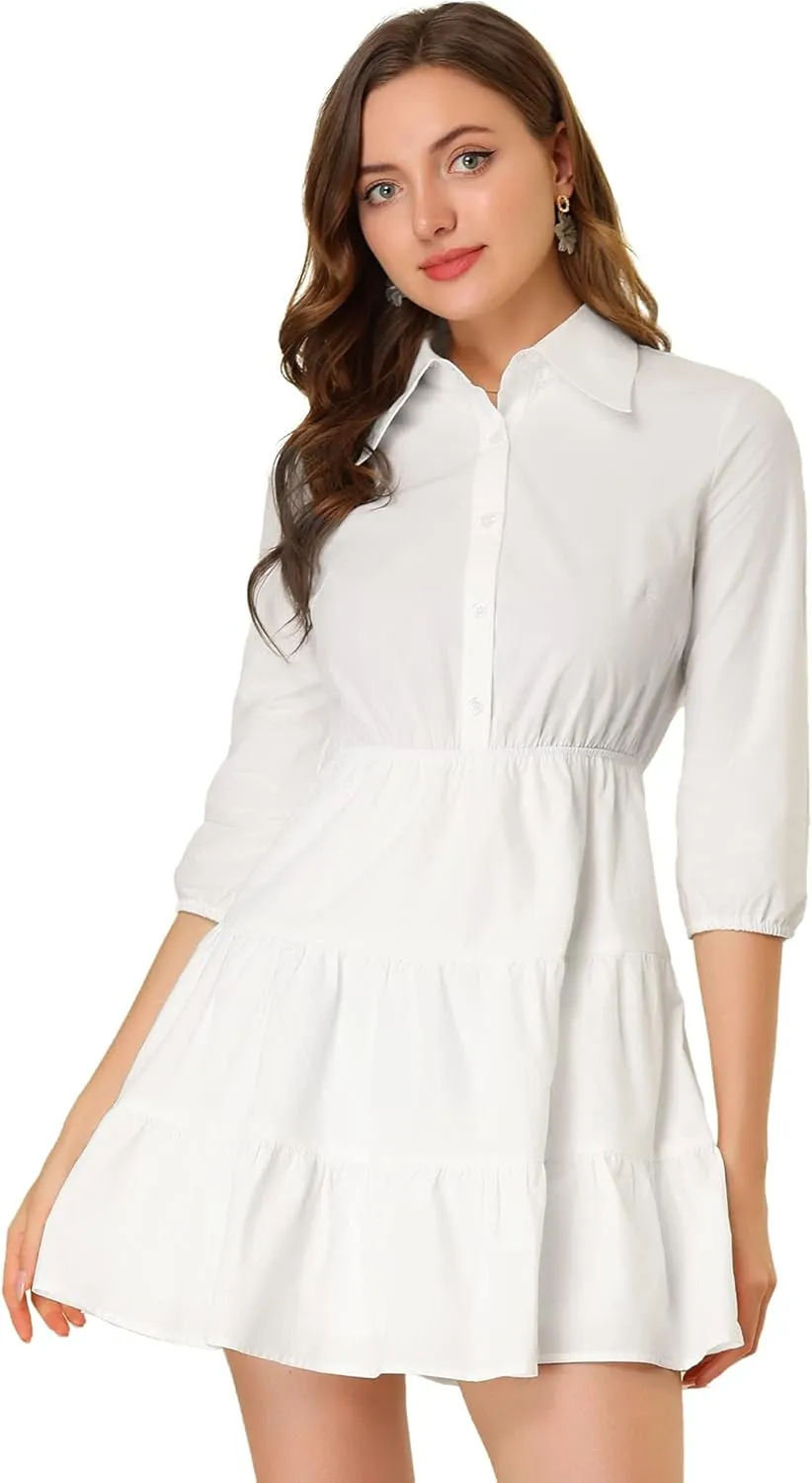 Allegra K Women's 3/4 Sleeve Casual Fall Elastic Waist Cute Collared Tiered Mini Dress