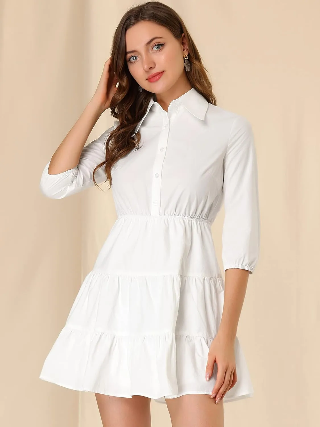 Allegra K Women's 3/4 Sleeve Casual Fall Elastic Waist Cute Collared Tiered Mini Dress