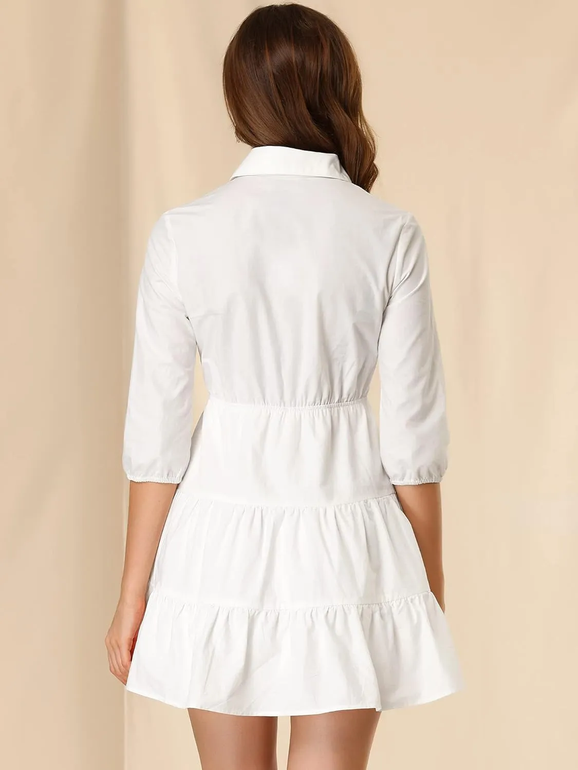 Allegra K Women's 3/4 Sleeve Casual Fall Elastic Waist Cute Collared Tiered Mini Dress