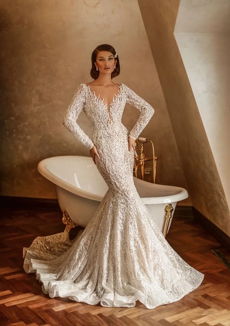Amy Elegant V-Neck  Long Sleeves White Wedding Dress