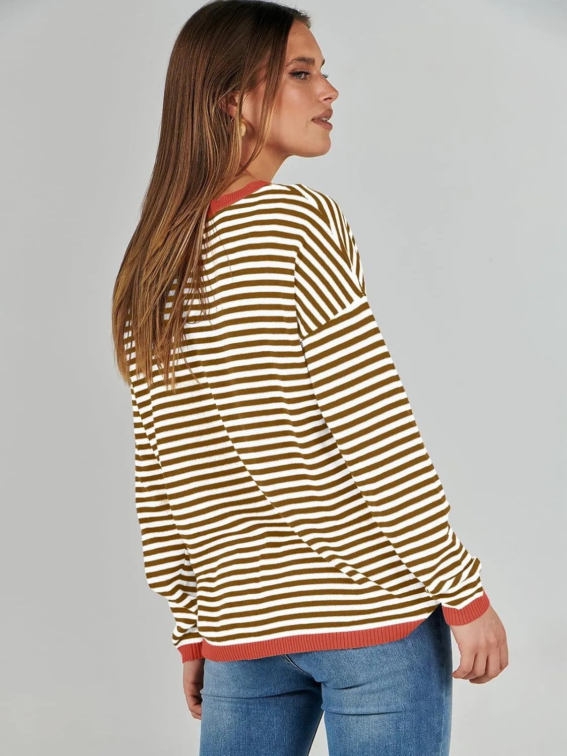 ANRABESS Womens Sweaters Striped Color Block Long Sleeve Crewneck Casual Loose Knitted Pullover Shirts 2025 Fall Trendy Tops