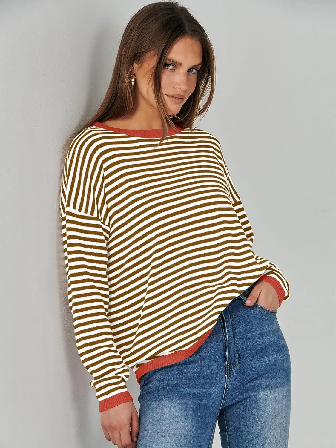 ANRABESS Womens Sweaters Striped Color Block Long Sleeve Crewneck Casual Loose Knitted Pullover Shirts 2025 Fall Trendy Tops