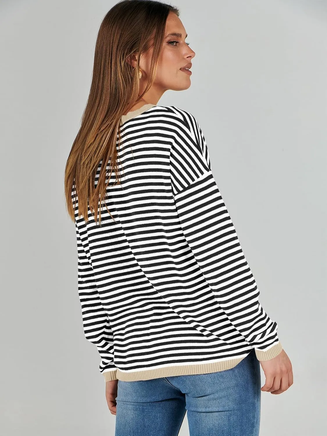 ANRABESS Womens Sweaters Striped Color Block Long Sleeve Crewneck Casual Loose Knitted Pullover Shirts 2025 Fall Trendy Tops