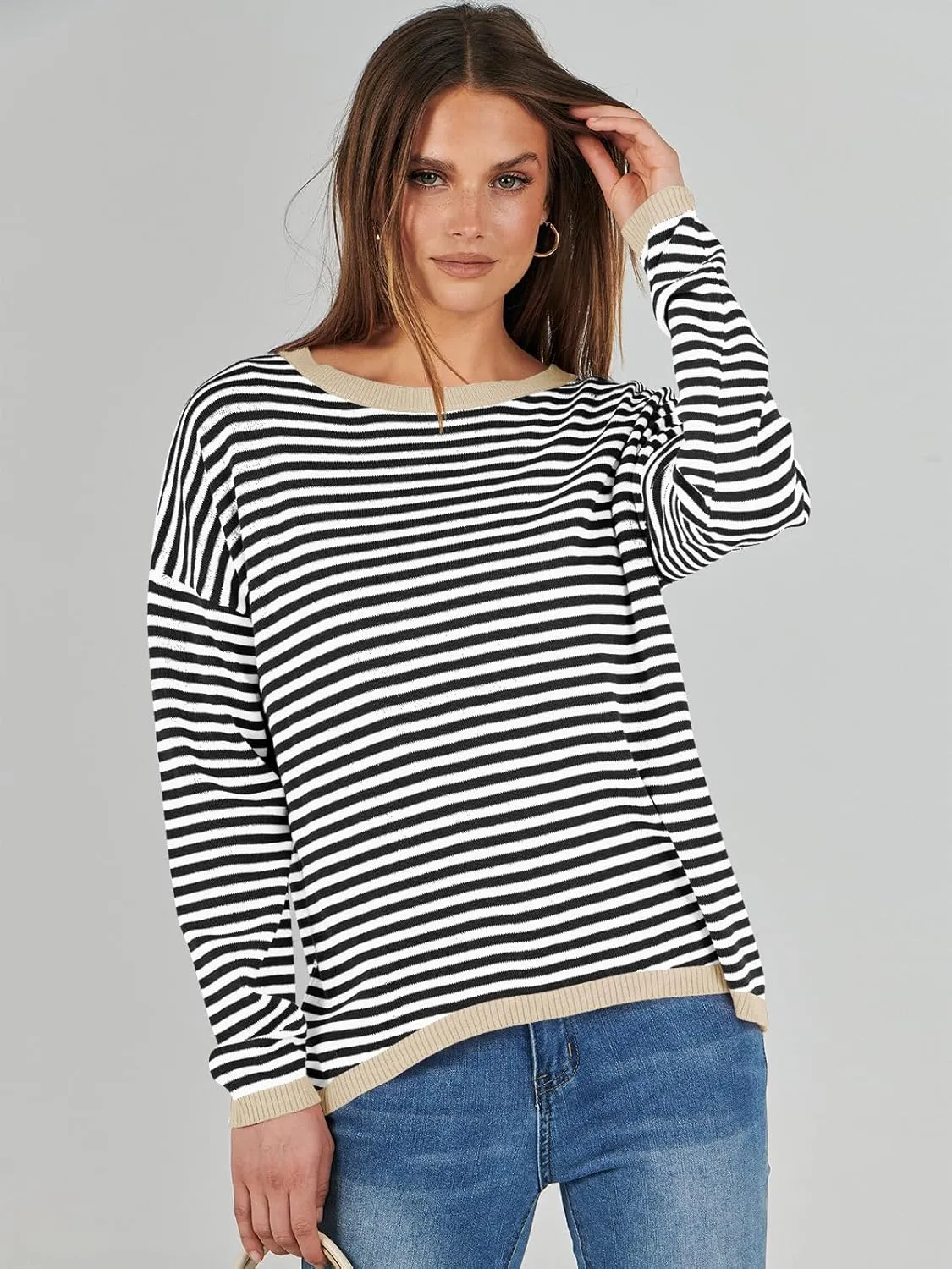 ANRABESS Womens Sweaters Striped Color Block Long Sleeve Crewneck Casual Loose Knitted Pullover Shirts 2025 Fall Trendy Tops