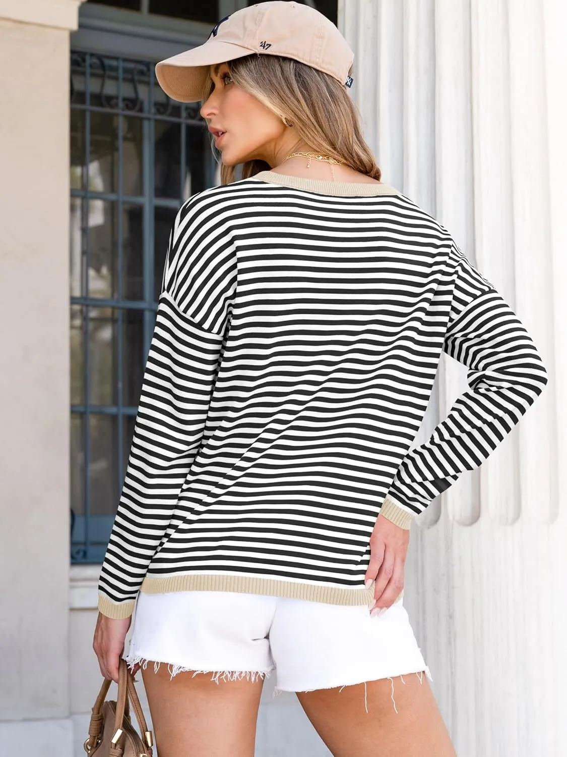 ANRABESS Womens Sweaters Striped Color Block Long Sleeve Crewneck Casual Loose Knitted Pullover Shirts 2025 Fall Trendy Tops