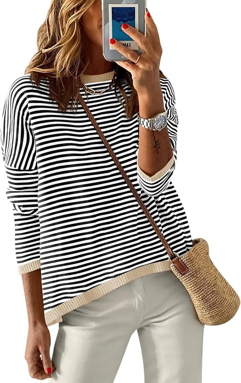 ANRABESS Womens Sweaters Striped Color Block Long Sleeve Crewneck Casual Loose Knitted Pullover Shirts 2025 Fall Trendy Tops