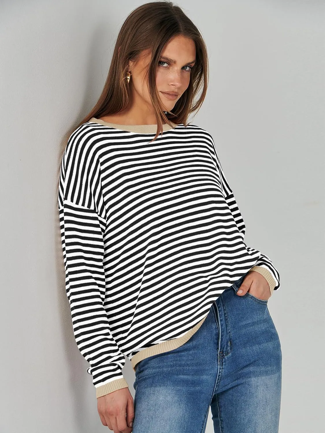 ANRABESS Womens Sweaters Striped Color Block Long Sleeve Crewneck Casual Loose Knitted Pullover Shirts 2025 Fall Trendy Tops
