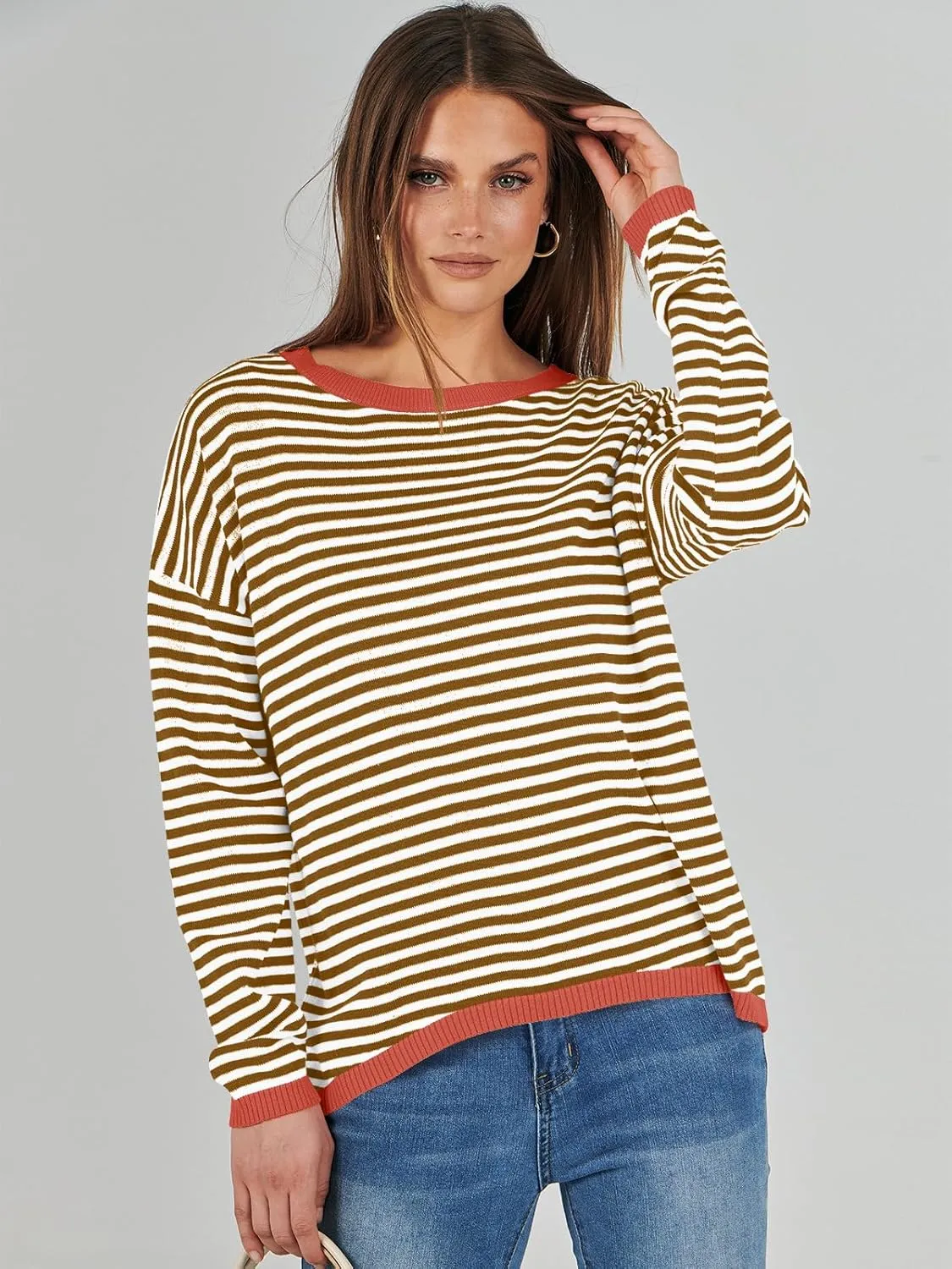 ANRABESS Womens Sweaters Striped Color Block Long Sleeve Crewneck Casual Loose Knitted Pullover Shirts 2025 Fall Trendy Tops