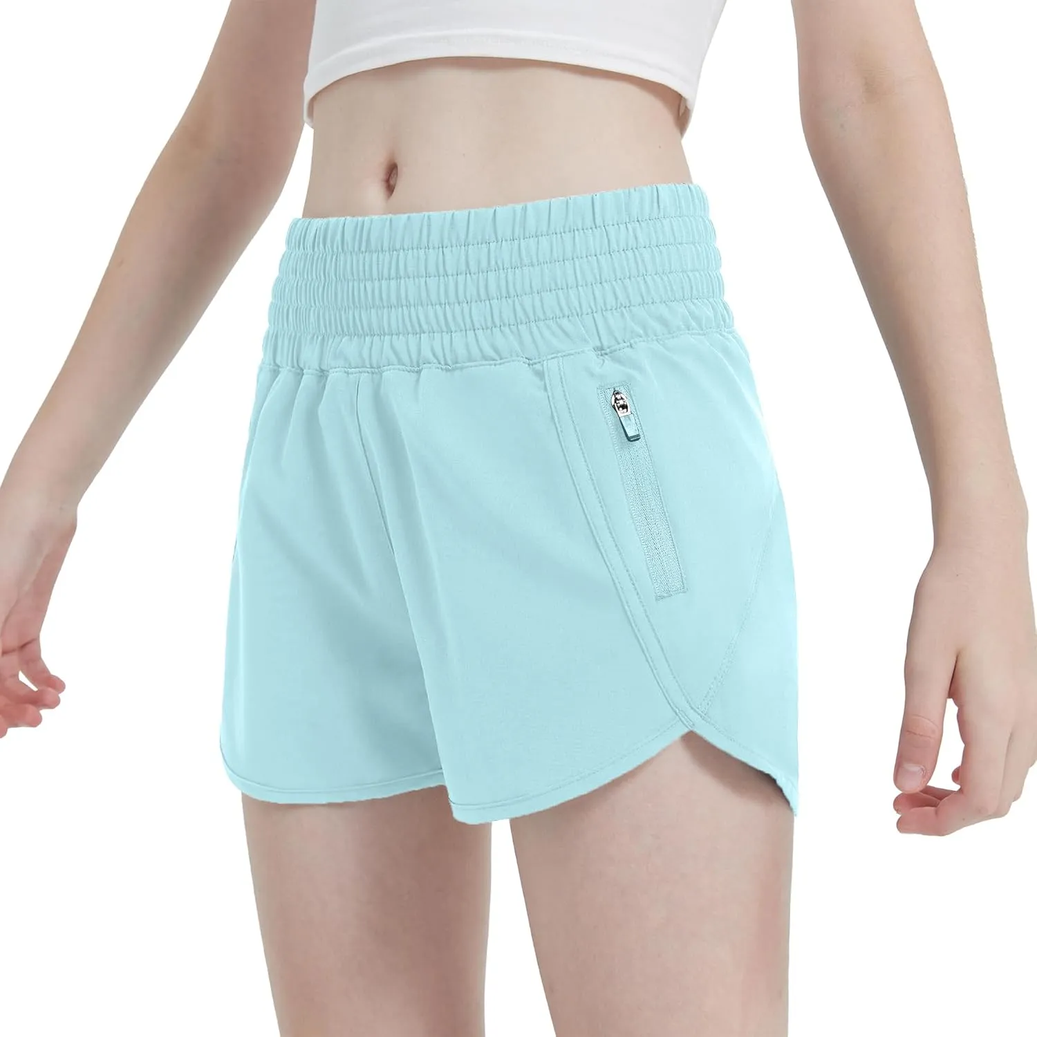 Aurefin Girls High Waisted Athletic Shorts, Teen Girls Running Shorts with Zip Pocket Workout Sports Shorts for Youth Kids