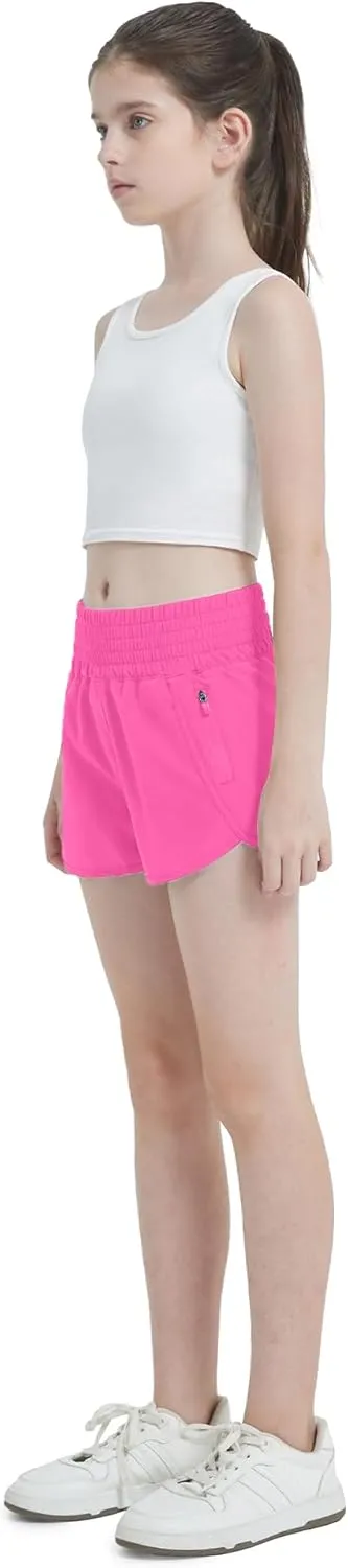 Aurefin Girls High Waisted Athletic Shorts, Teen Girls Running Shorts with Zip Pocket Workout Sports Shorts for Youth Kids