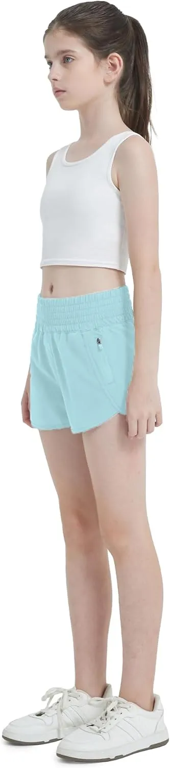 Aurefin Girls High Waisted Athletic Shorts, Teen Girls Running Shorts with Zip Pocket Workout Sports Shorts for Youth Kids
