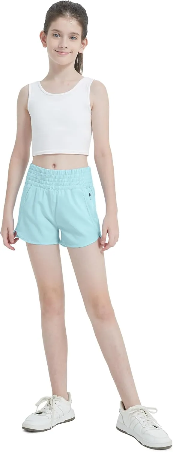 Aurefin Girls High Waisted Athletic Shorts, Teen Girls Running Shorts with Zip Pocket Workout Sports Shorts for Youth Kids