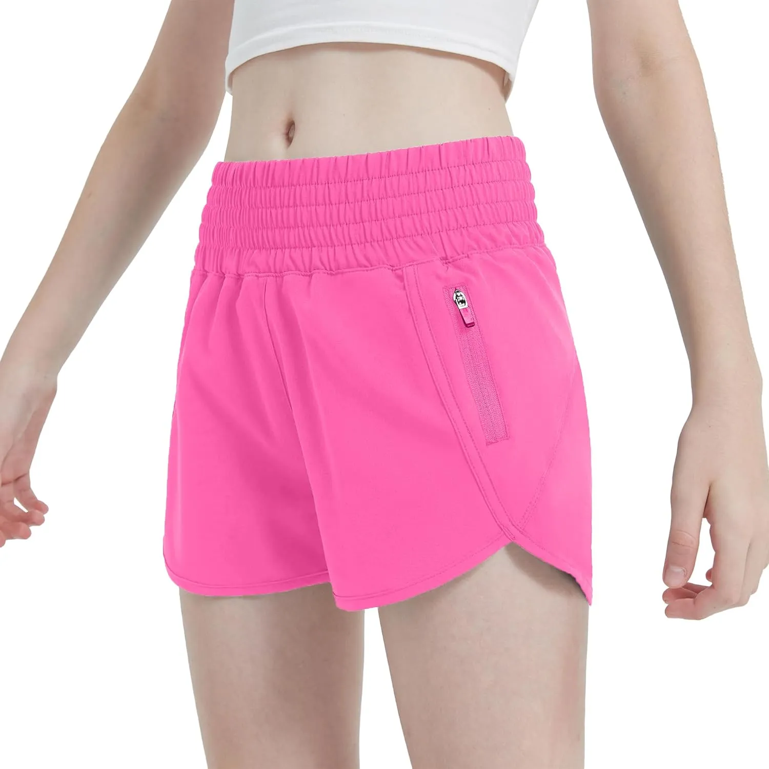 Aurefin Girls High Waisted Athletic Shorts, Teen Girls Running Shorts with Zip Pocket Workout Sports Shorts for Youth Kids