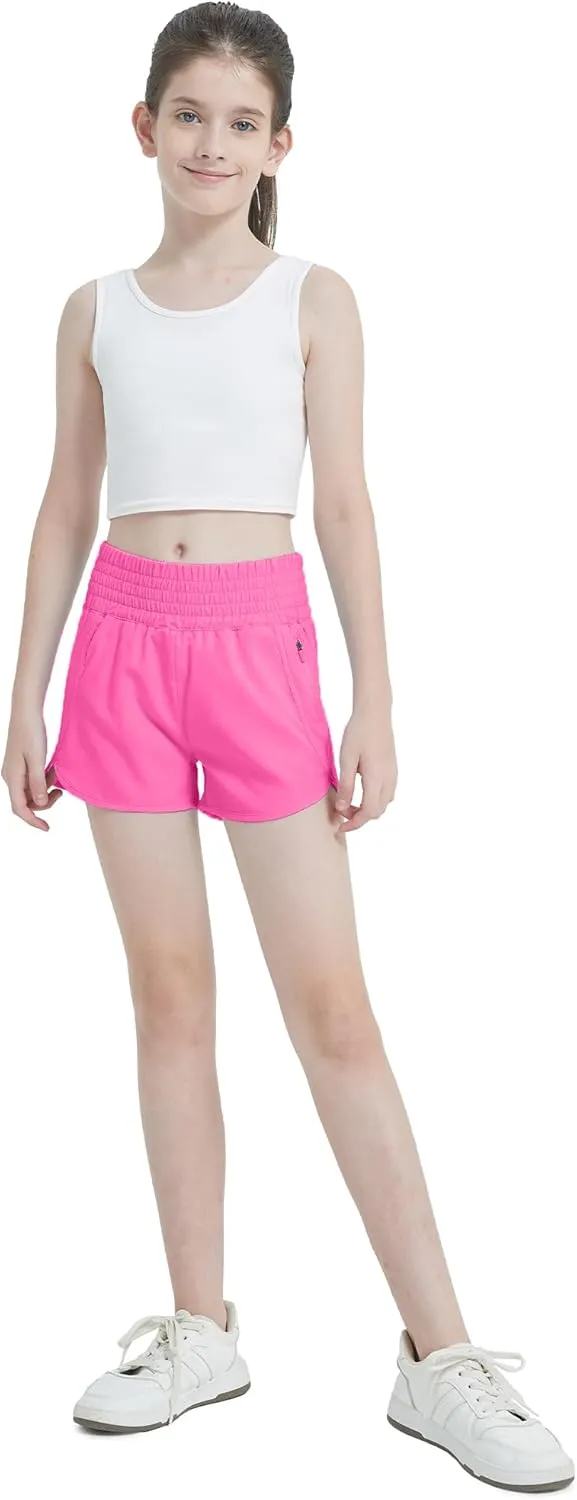 Aurefin Girls High Waisted Athletic Shorts, Teen Girls Running Shorts with Zip Pocket Workout Sports Shorts for Youth Kids