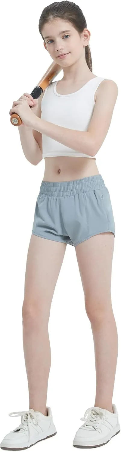 Aurefin Girls Lightweight Athletic Shorts, Quick Dry Running Shorts with Zip Pocket, Workout Sports Short for Teen Kids
