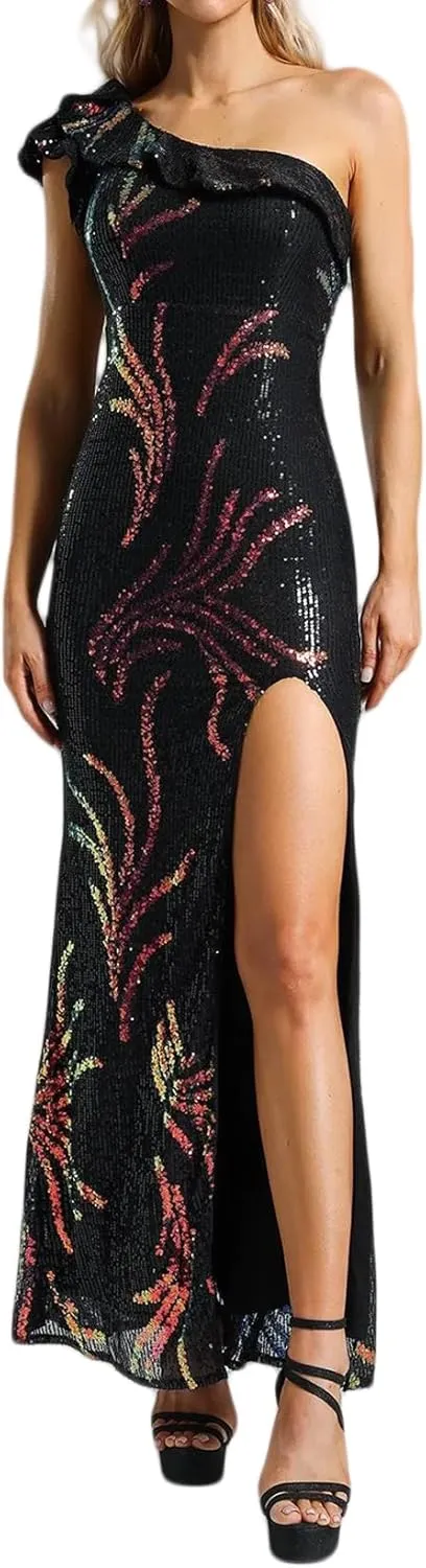 BELLA BARNETT Black One Shoulder Dress Side Slit Sequins Dress Elegant Ruffle Dress
