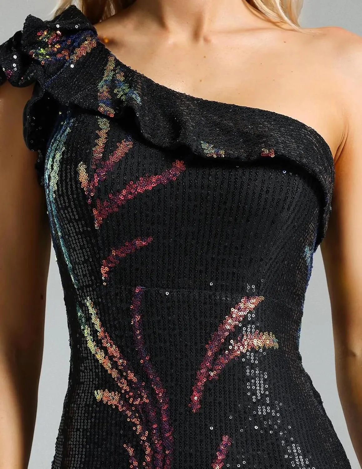 BELLA BARNETT Black One Shoulder Dress Side Slit Sequins Dress Elegant Ruffle Dress