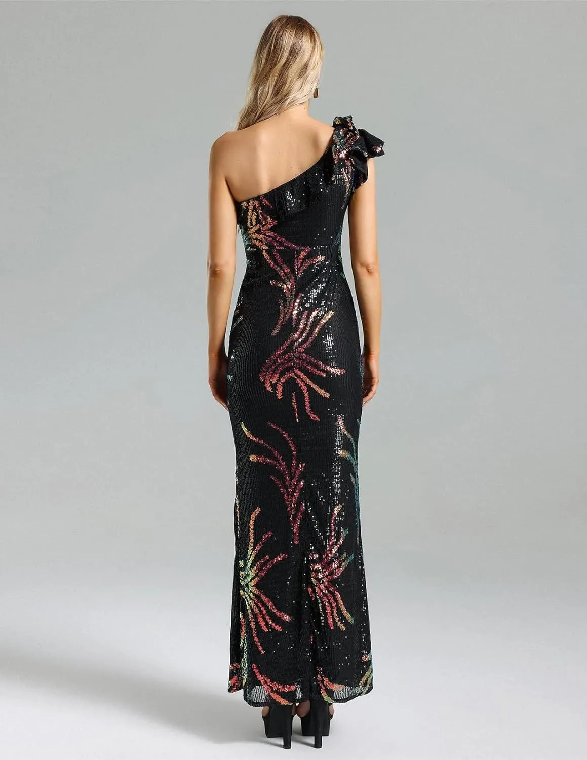 BELLA BARNETT Black One Shoulder Dress Side Slit Sequins Dress Elegant Ruffle Dress