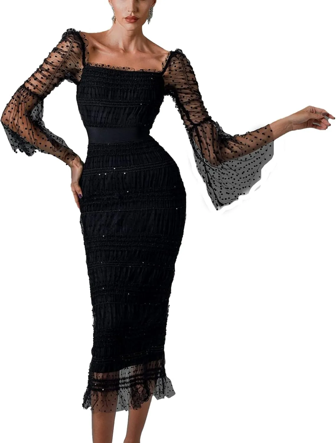BELLA BARNETT Women's Lace Dress Sexy Mesh Dress Elegant Ruched Dress