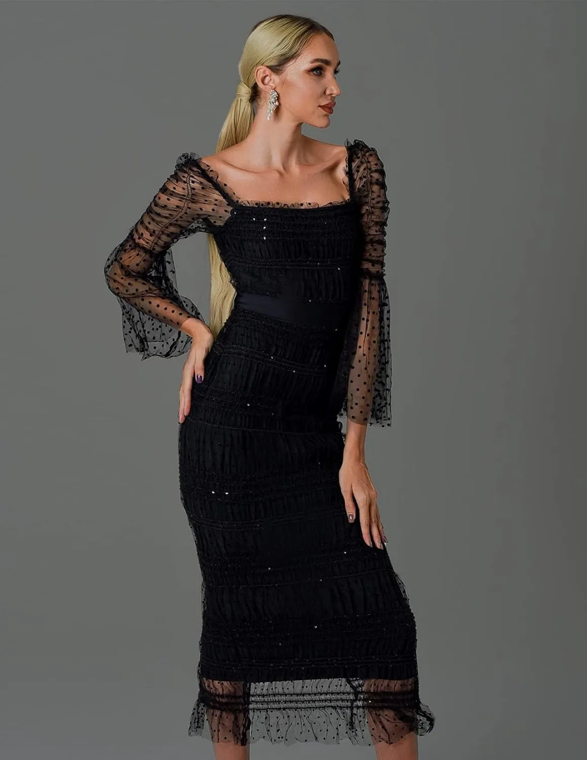 BELLA BARNETT Women's Lace Dress Sexy Mesh Dress Elegant Ruched Dress