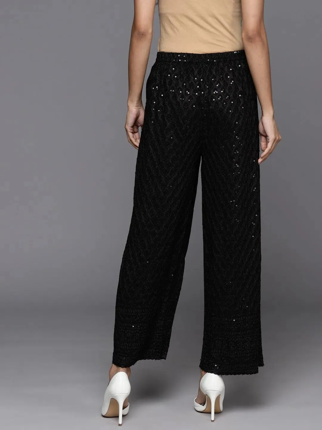 Black Embroidered Rayon Trousers