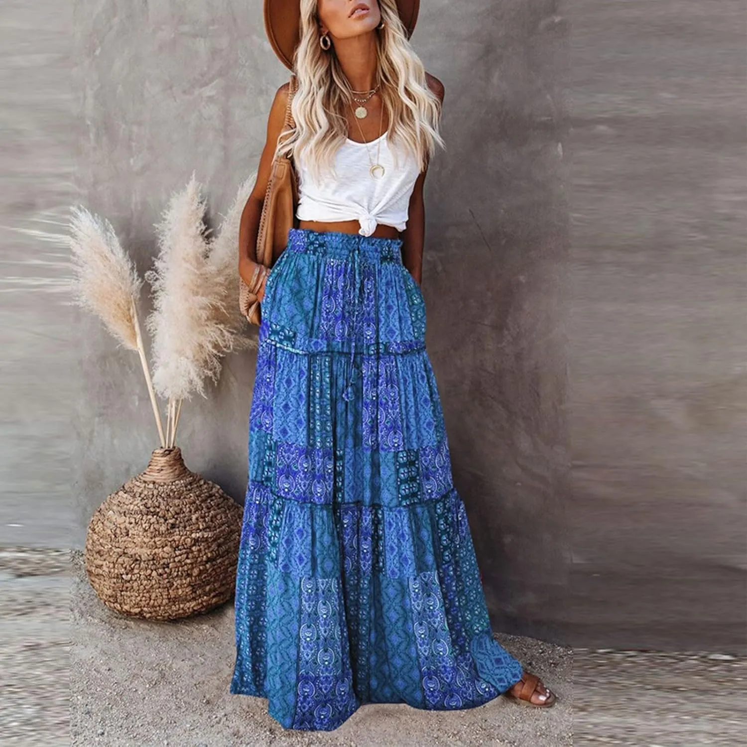 Boho Skirts for Women, Beach Maxi Casual Summer Trendy Flowy Womens Skirts