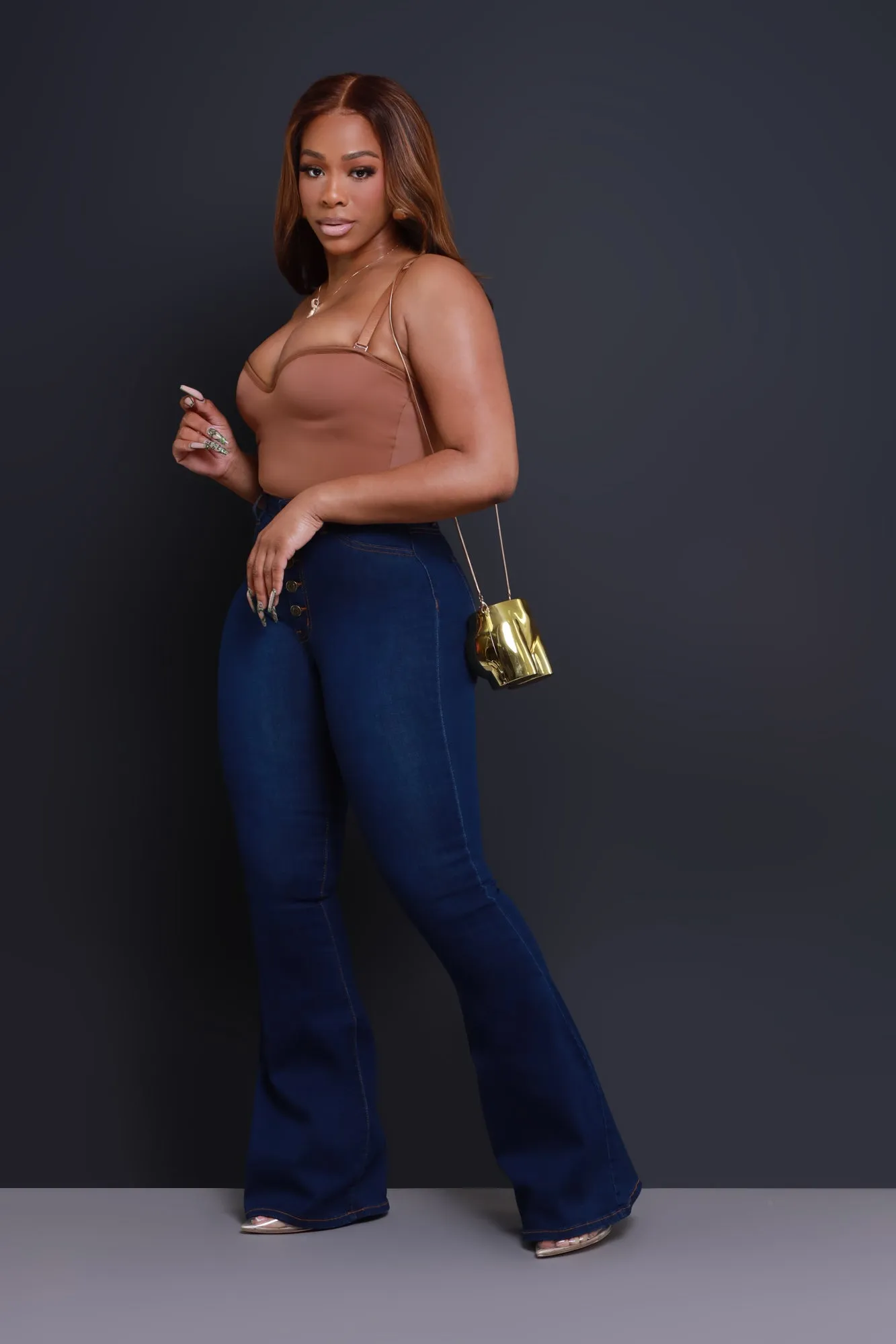 Dina High Waist Stretchy Bell Bottom Jeans - Dark Wash
