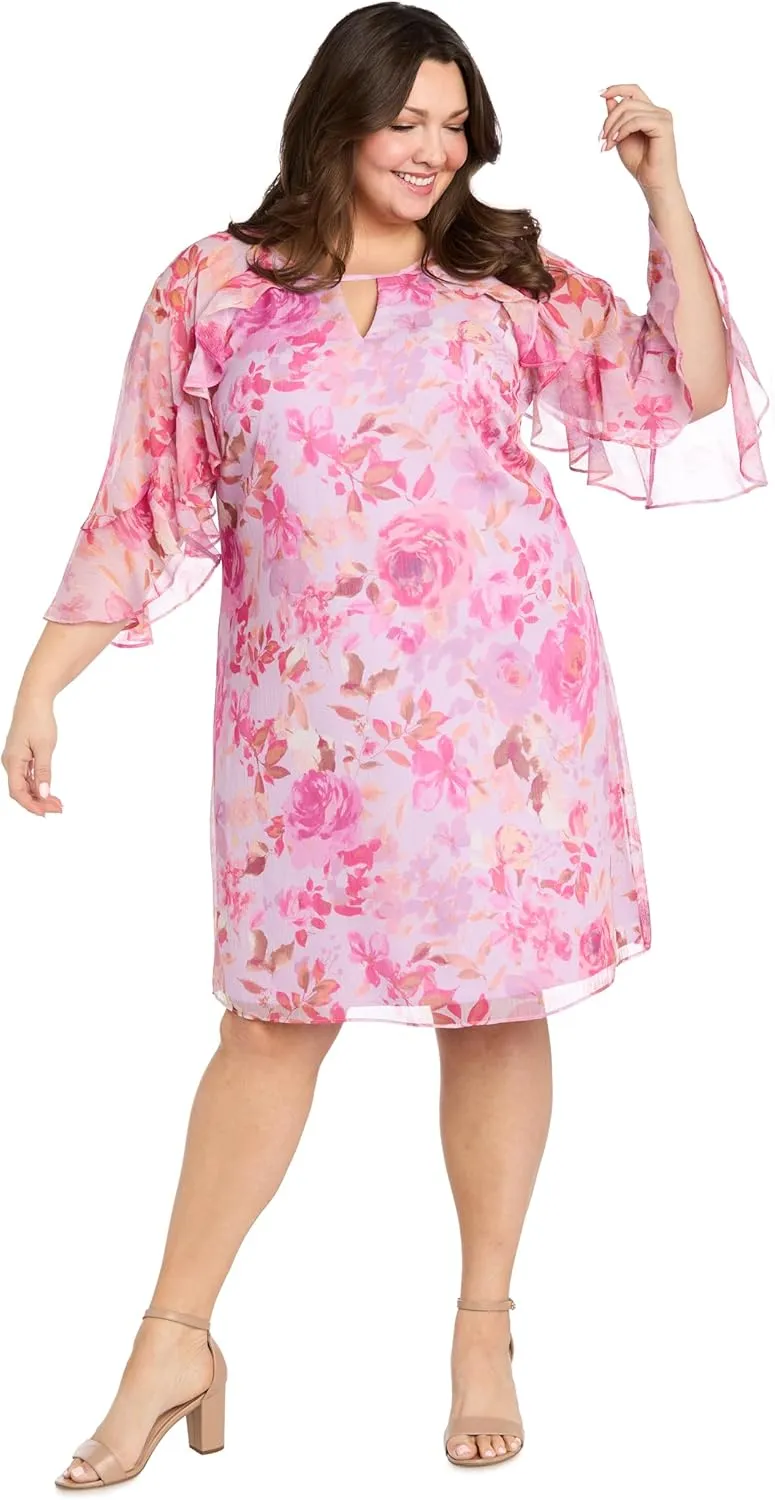 Elegant Floral Chiffon Dress W/Ruffle Sleeve & Keyhole Detail