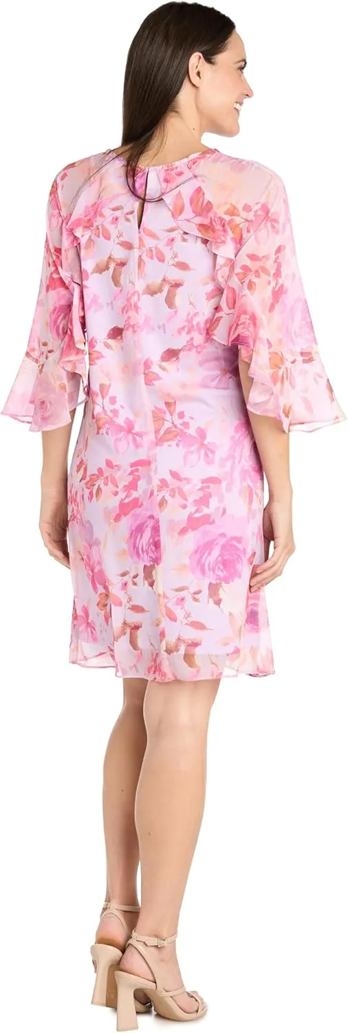 Elegant Floral Chiffon Dress W/Ruffle Sleeve & Keyhole Detail