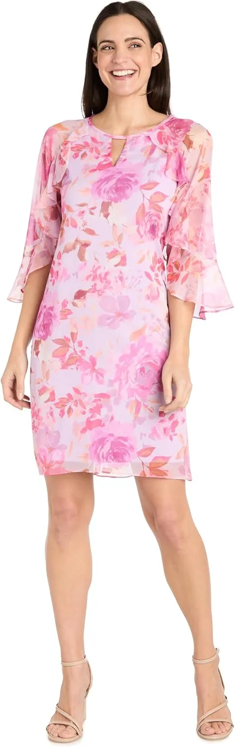 Elegant Floral Chiffon Dress W/Ruffle Sleeve & Keyhole Detail