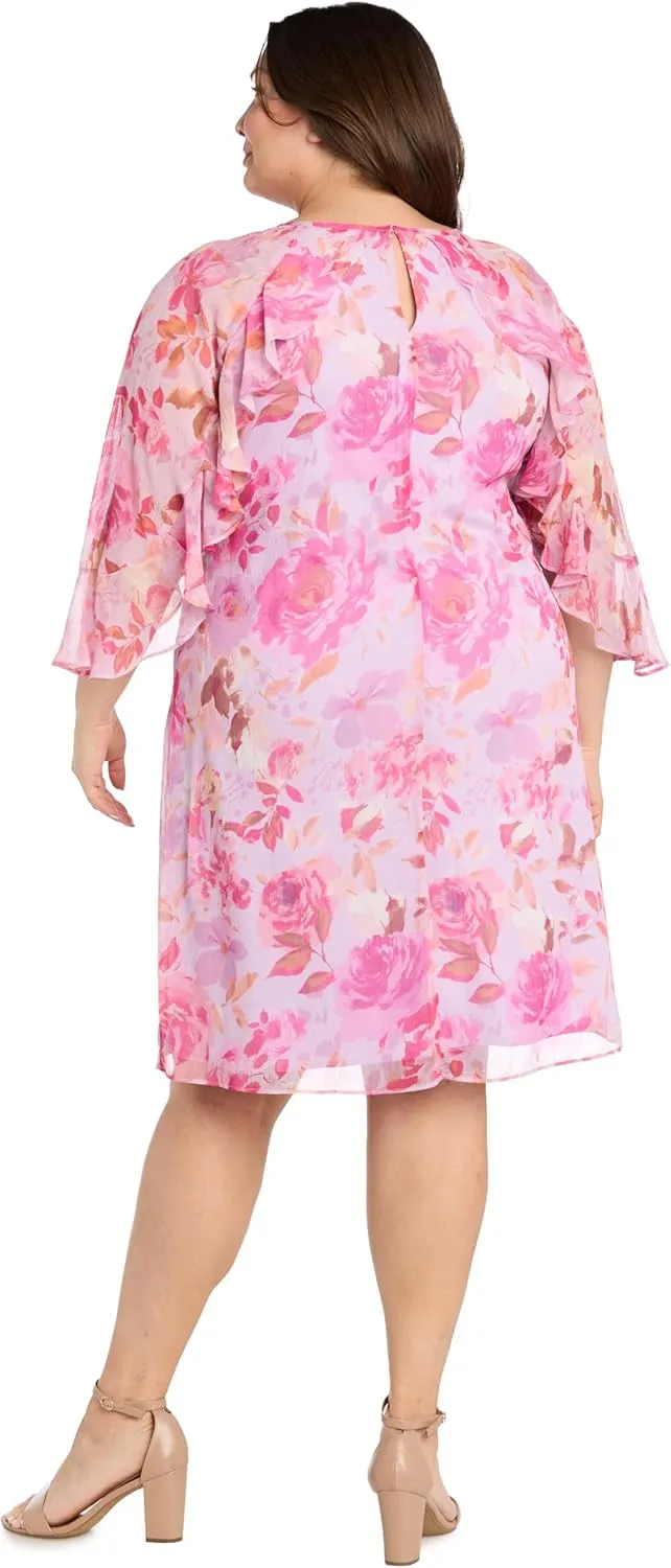 Elegant Floral Chiffon Dress W/Ruffle Sleeve & Keyhole Detail