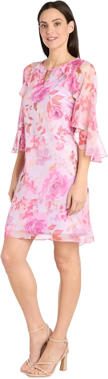 Elegant Floral Chiffon Dress W/Ruffle Sleeve & Keyhole Detail
