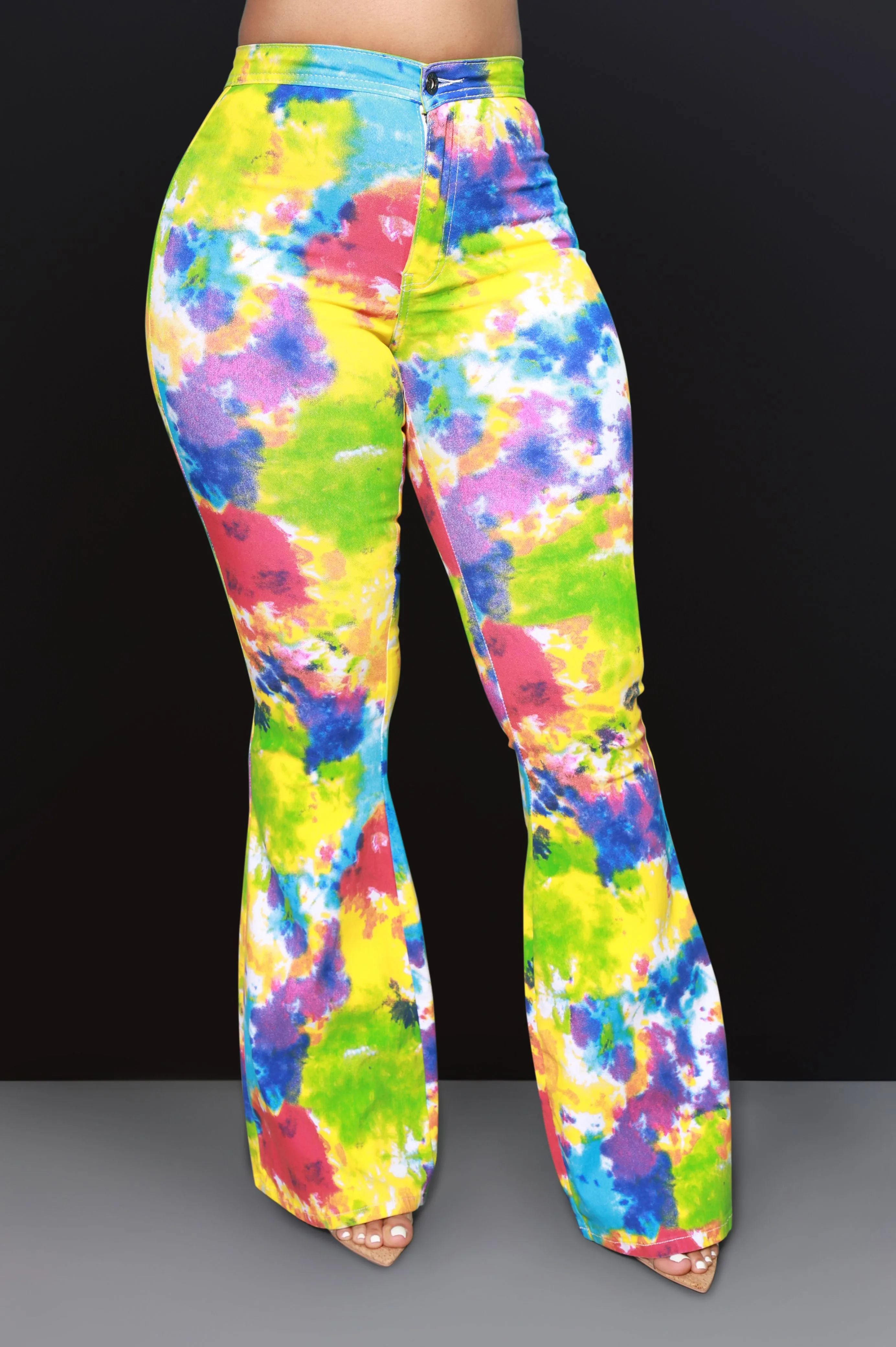 Emotion Tie Dye High Rise Flare Stretchy Jeans - Rainbow