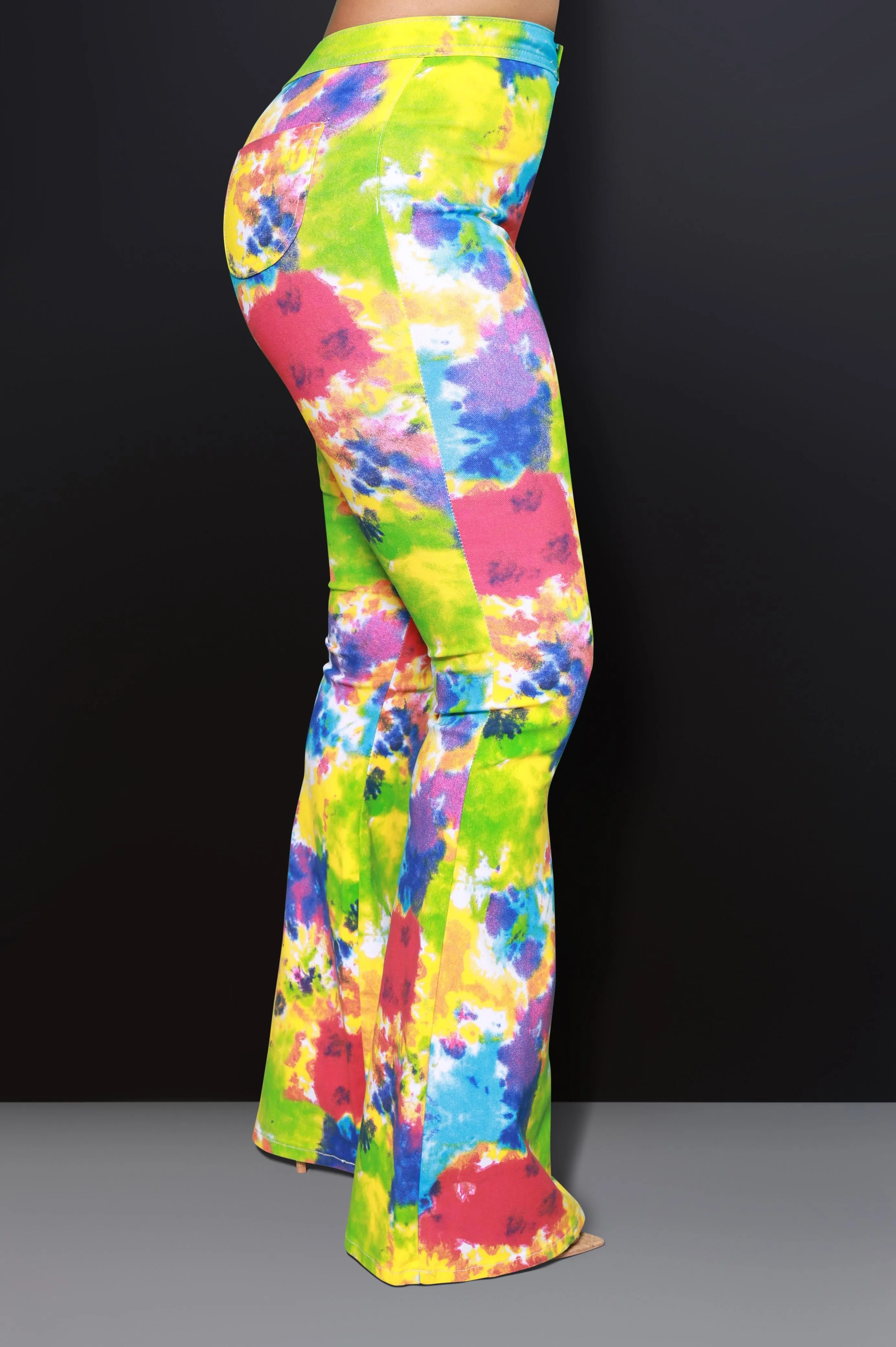 Emotion Tie Dye High Rise Flare Stretchy Jeans - Rainbow