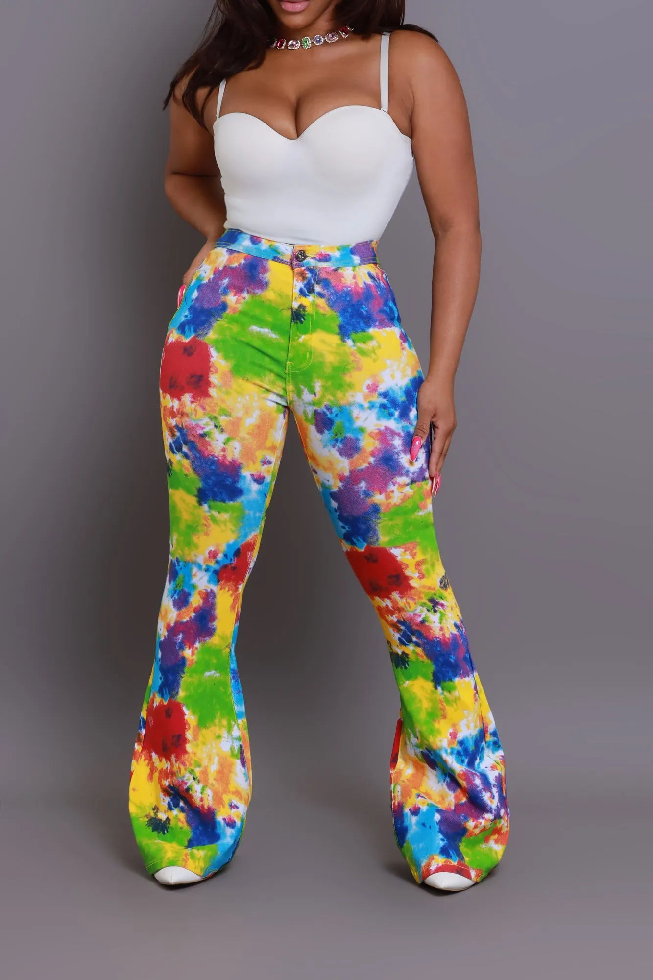 Emotion Tie Dye High Rise Flare Stretchy Jeans - Rainbow