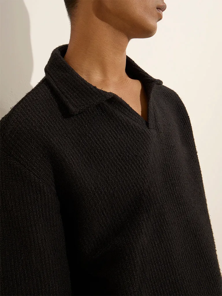 ETA Black Knit-Textured Relaxed-Fit Cotton Polo T-Shirt