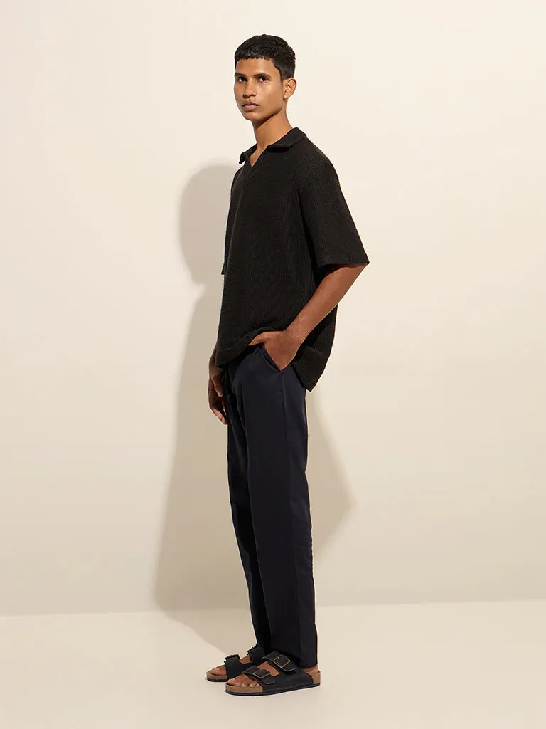 ETA Black Knit-Textured Relaxed-Fit Cotton Polo T-Shirt