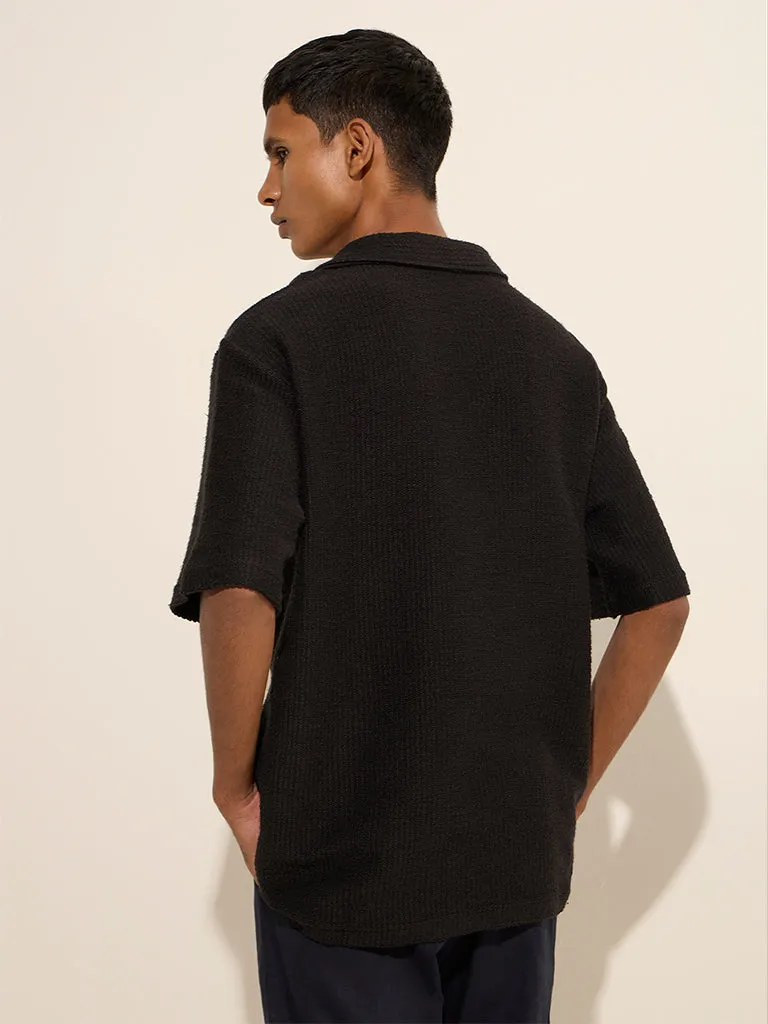 ETA Black Knit-Textured Relaxed-Fit Cotton Polo T-Shirt