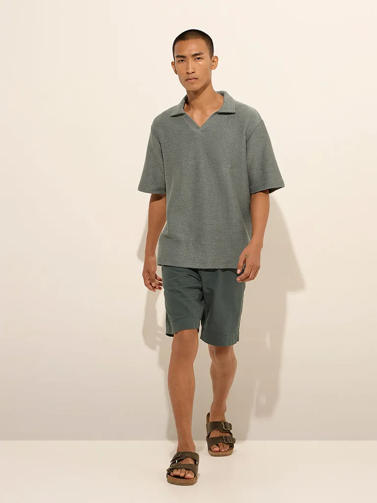 ETA Dusty Teal Textured Relaxed-Fit Cotton Polo T-Shirt