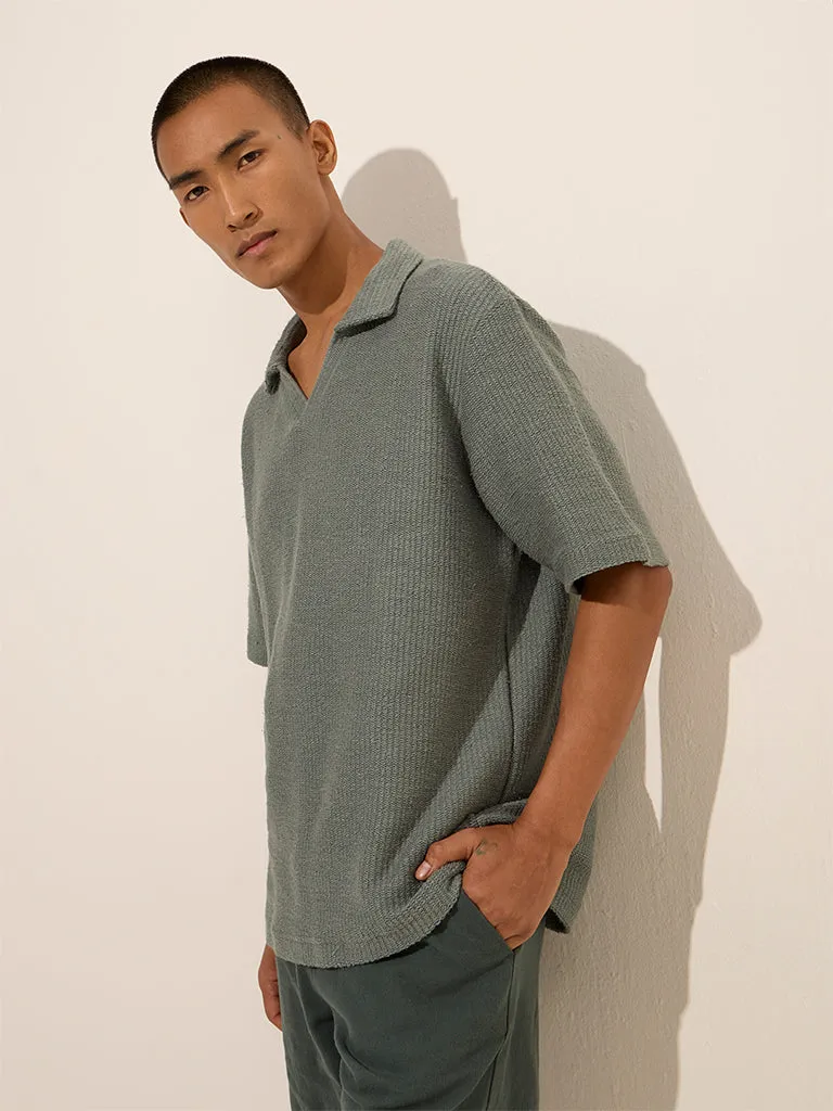 ETA Dusty Teal Textured Relaxed-Fit Cotton Polo T-Shirt