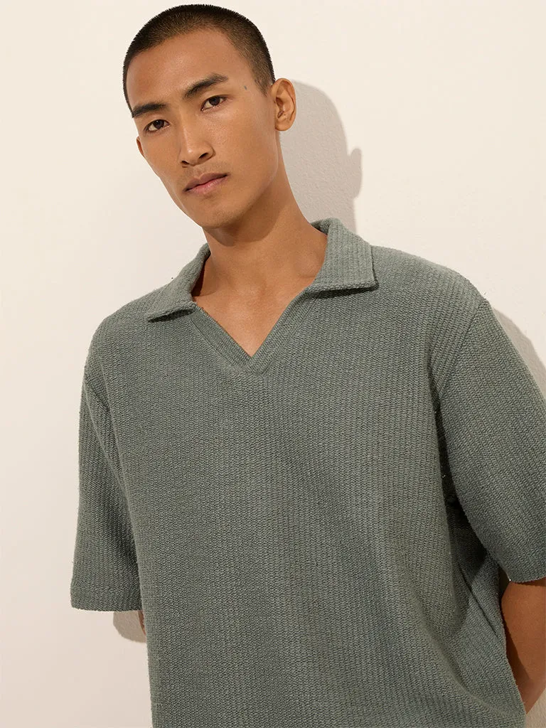 ETA Dusty Teal Textured Relaxed-Fit Cotton Polo T-Shirt