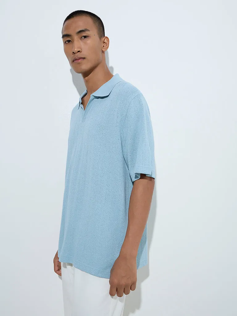 ETA Light Blue Knit-Textured Relaxed-Fit Polo T-Shirt