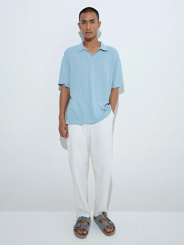 ETA Light Blue Knit-Textured Relaxed-Fit Polo T-Shirt