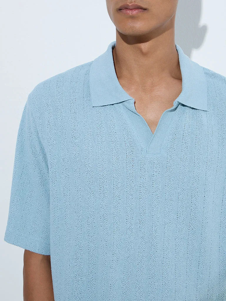 ETA Light Blue Knit-Textured Relaxed-Fit Polo T-Shirt