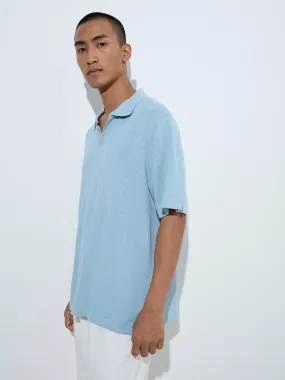 ETA Light Blue Knit-Textured Relaxed-Fit Polo T-Shirt