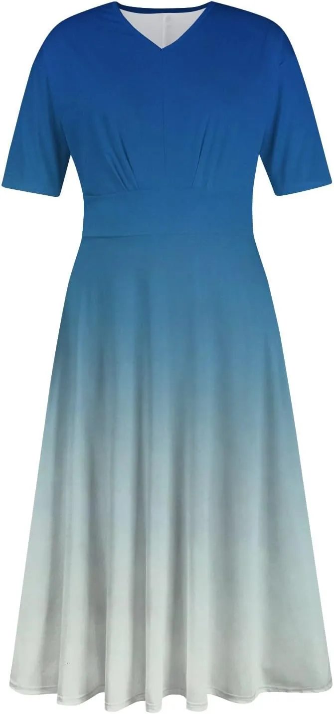 FlekmanArt Maxi Dress for Women Printing Short Sleeve Swing Dress Waist V Neck Maxi Dress A-Line Elegant Beach Dress