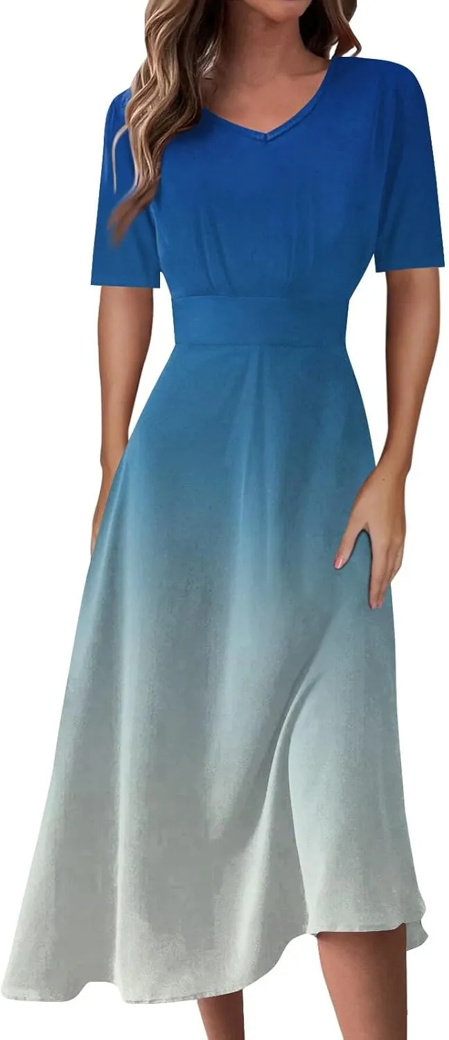 FlekmanArt Maxi Dress for Women Printing Short Sleeve Swing Dress Waist V Neck Maxi Dress A-Line Elegant Beach Dress