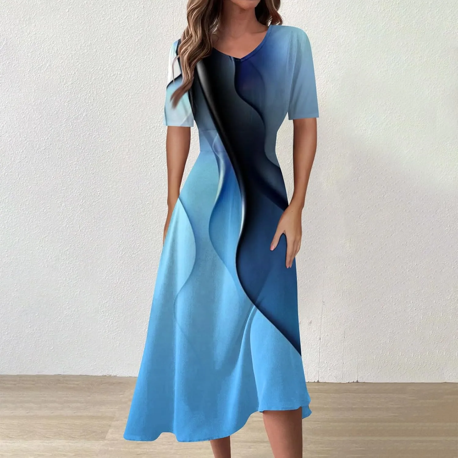FlekmanArt Maxi Dress for Women Printing Short Sleeve Swing Dress Waist V Neck Maxi Dress A-Line Elegant Beach Dress