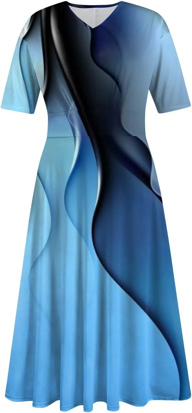 FlekmanArt Maxi Dress for Women Printing Short Sleeve Swing Dress Waist V Neck Maxi Dress A-Line Elegant Beach Dress